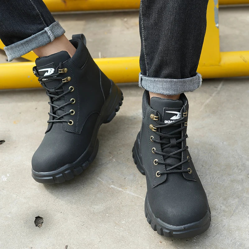 Safety Shoes Steel Toe Boots for Men Adjustable Soft Work Sneakers Anti-Puncture Anti-Drop Work Shoes High Top Hiking Boots