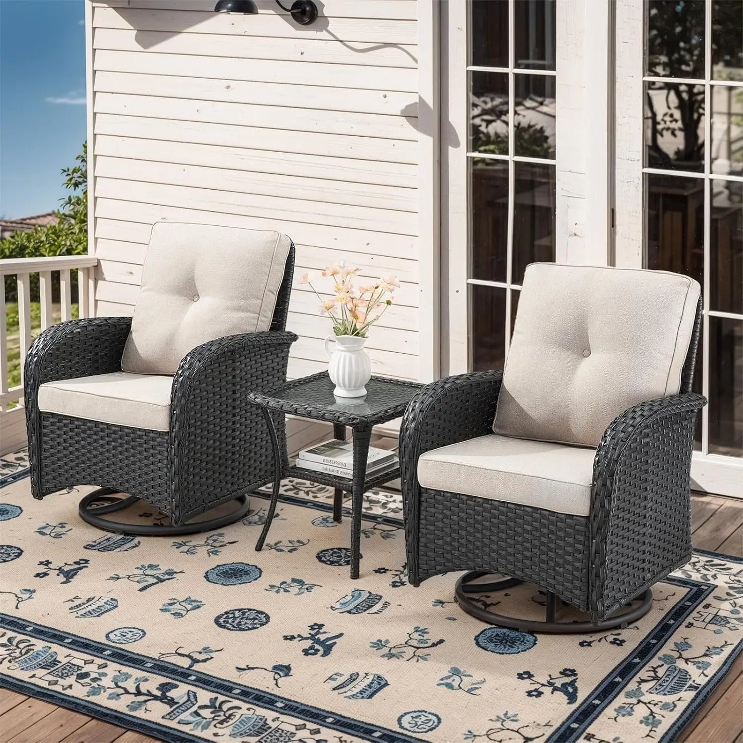 3 Pieces Black Wicker Patio Furniture Outdoor Swivel Rocker Patio Glider Chairs Set of 2 with Side Table Beige, Customized