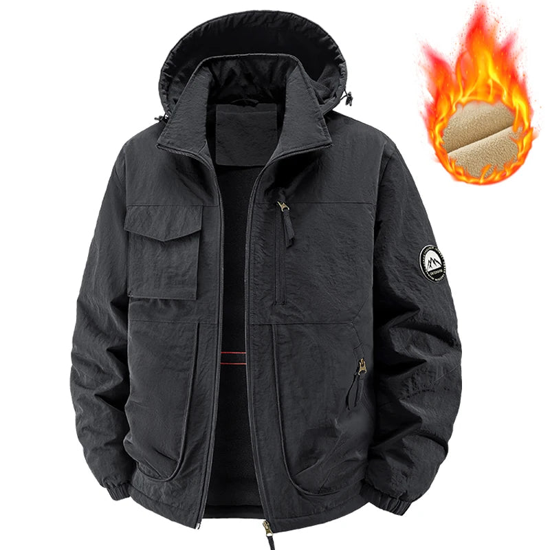 Men's Fleece Warm multi-pocket Cargo Coats Men Thick Waterproof Jacket Winter Men Thermal Windbreaker Hooded Overcoats Clothing