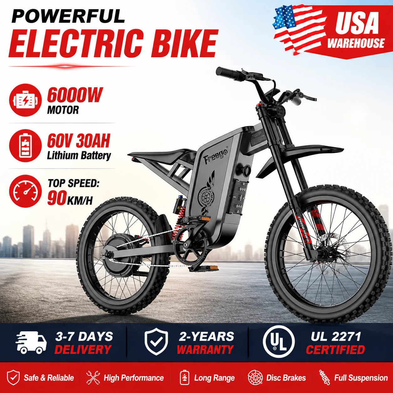 Freego X2 Pro Electric Motorcycle for Adults 6000W Motors 60V 30AH Lithium Battery 7 Speed 50MPH Off Road Ebike +2 Year Warranty