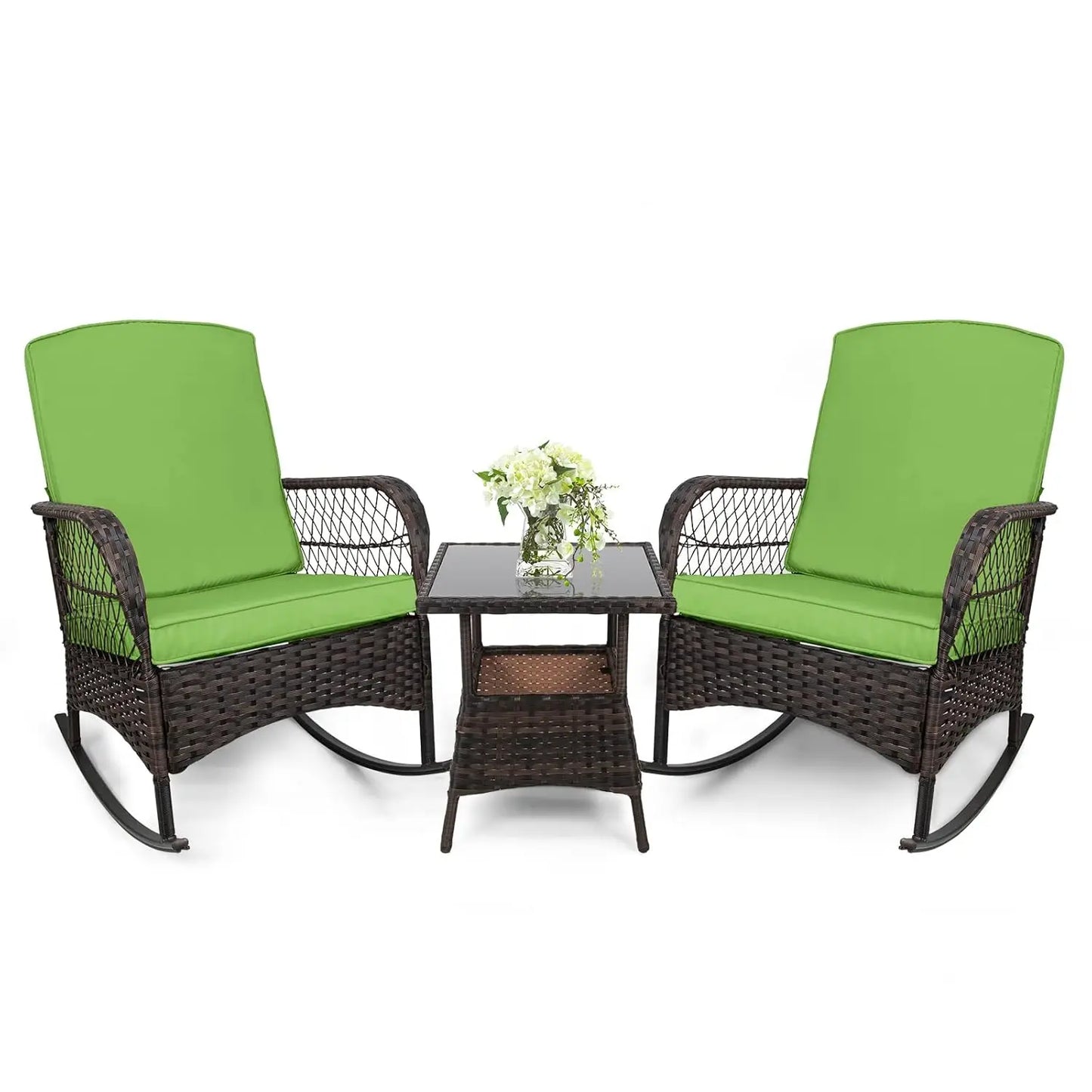 3 pcs Rocking Bistro Set Conversation Chairs PE Wicker Outdoor Rocking Chairs & Glass Table,for Porch Lawn Garden, Customized