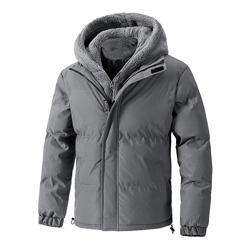Winter Windproof Men's Jacket Casual Fake Two Hooded Bread Coat Detachable Hood Zipper Front Long Sleeves Pockets Overcoat