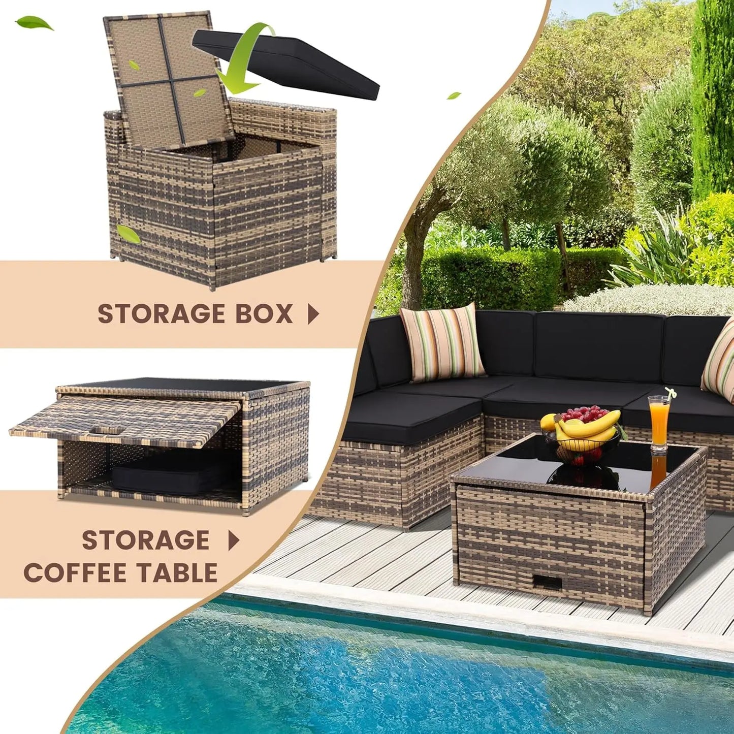 8 Pieces Outdoor Wicker Rattan Patio Furniture Sectional Set, Glass Top Table With Hidden Storage, 7 Sofa Sections,, Customized