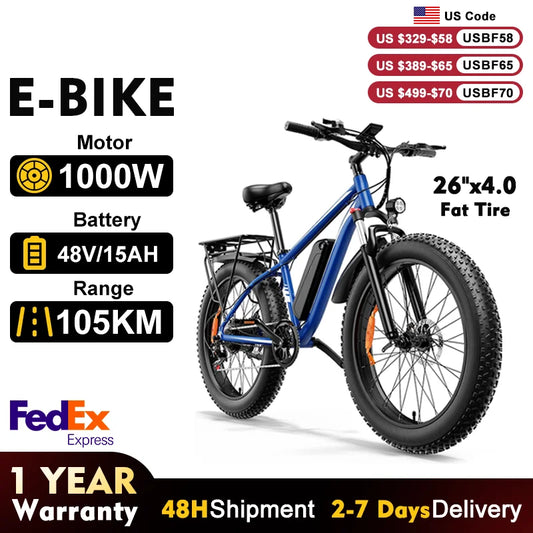 US Fast Shipping B;ue  E-Bike 1000W Motor 48V15AH Lithium Battery Off road TireE-bike for Men