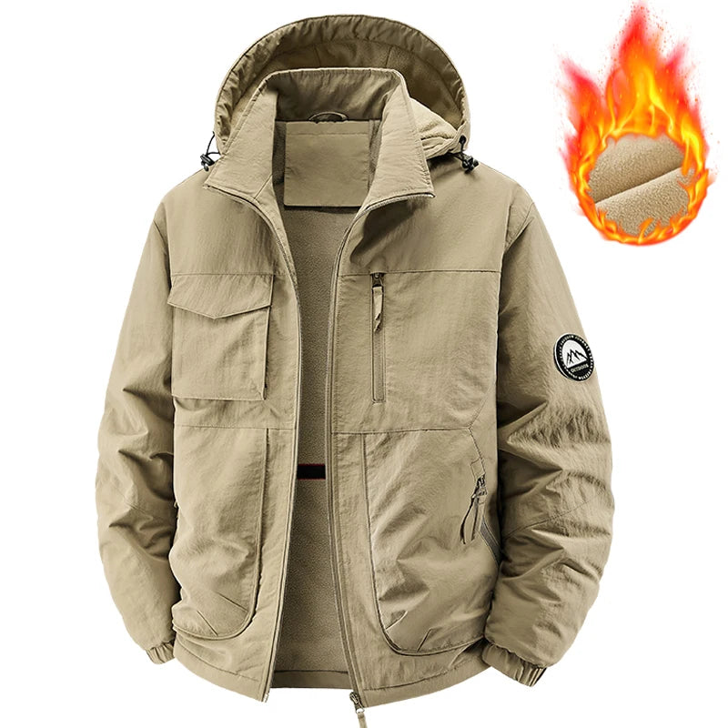 Men's Fleece Warm multi-pocket Cargo Coats Men Thick Waterproof Jacket Winter Men Thermal Windbreaker Hooded Overcoats Clothing