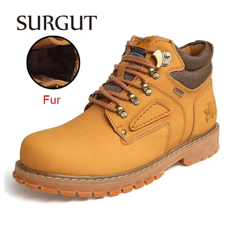 SURGUT Brand Super Warm Men's Winter Leather Men Waterproof Rubber Snow Boots Leisure Boots England Retro Shoes For Men Big Size