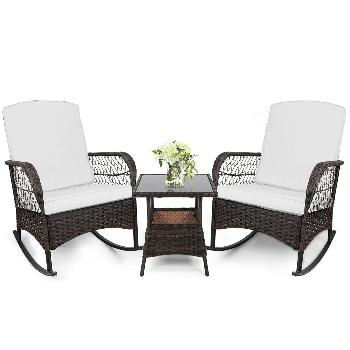 3 pcs Rocking Bistro Set Conversation Chairs PE Wicker Outdoor Rocking Chairs & Glass Table,for Porch Lawn Garden, Customized