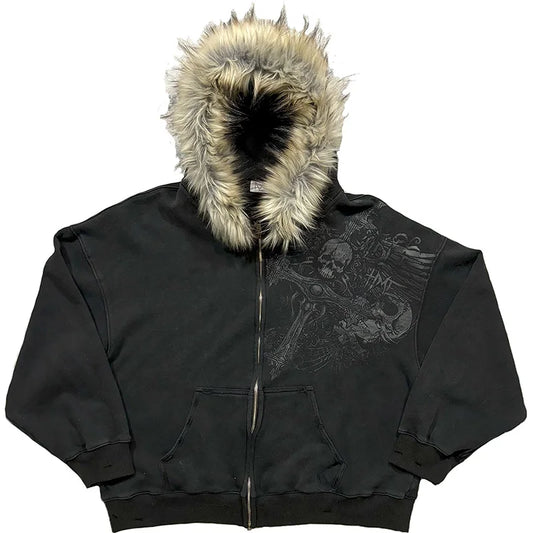 Autumn/Winter Y2k Women Aesthetic Harajuku Faux Fur Collar Hoodies Clothes Graphic Hip Hop Punk Gothic Zip Up Hoodies 2025 new