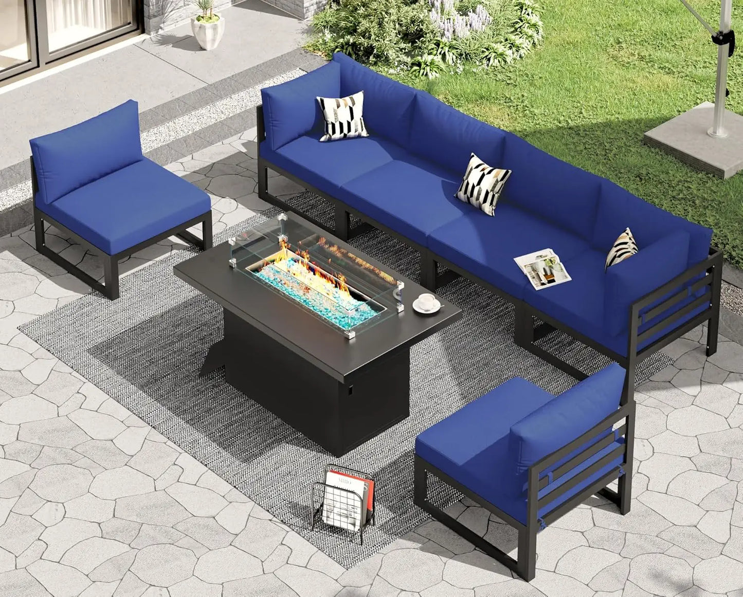 6 Person Large Modern Aluminum Outdoor Patio Furniture Set With Fireplace, 29" Wide Deep Seating, U Shaped Combo, Customized