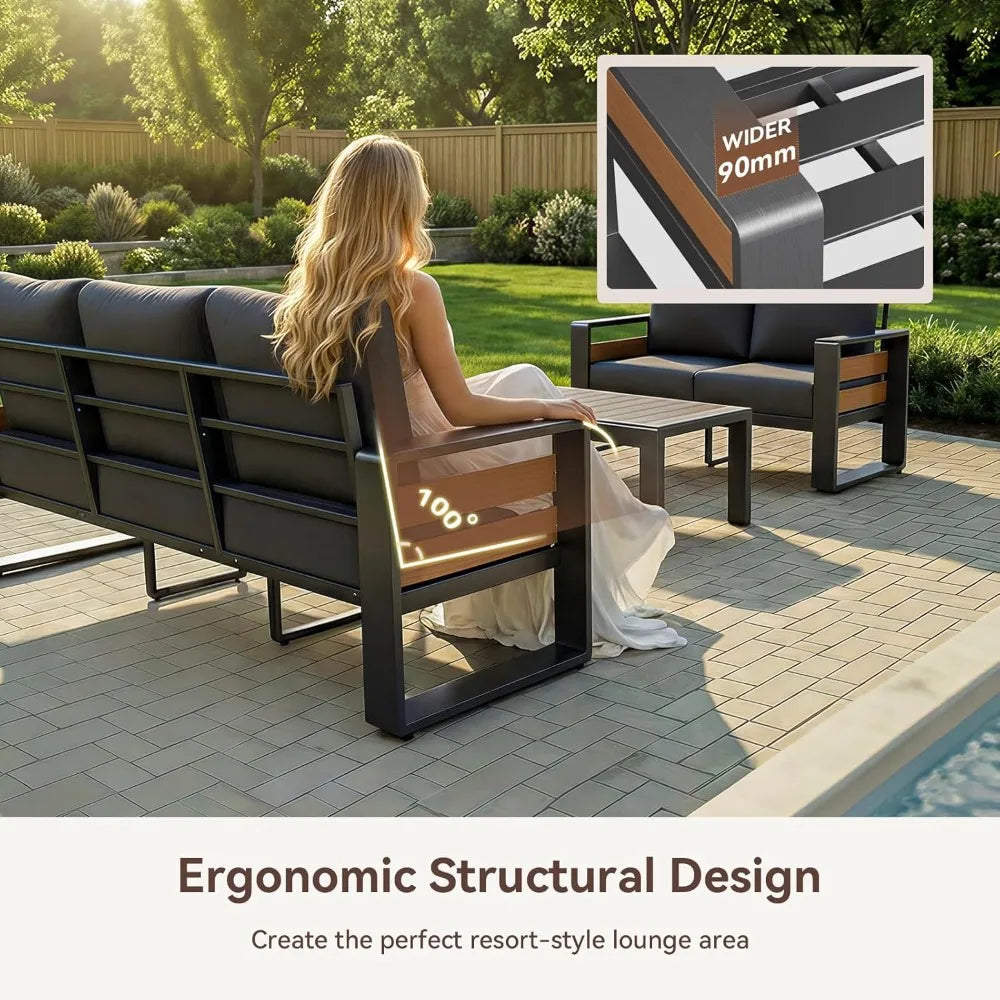 Aluminum Patio Furniture Set, 5 Seats Sectional Metal Patio Furniture with Coffee Table, 6'' Thick Cushions, Customized