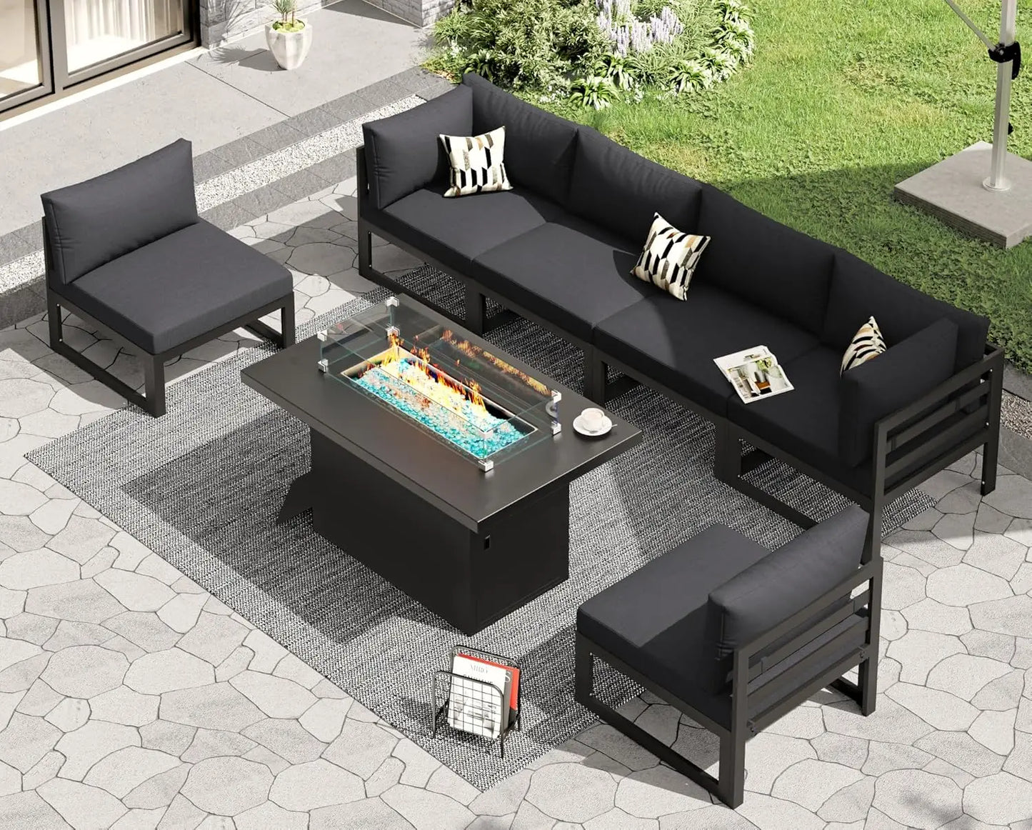 6 Person Large Modern Aluminum Outdoor Patio Furniture Set With Fireplace, 29" Wide Deep Seating, U Shaped Combo, Customized
