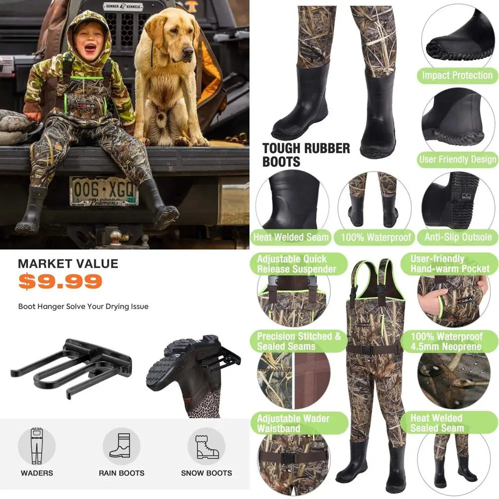 HISEA Kids Chest Waders for Toddler & Children, Youth Neoprene Waterproof Hunting Fishing Wader with Insulated Boots Boy Girl