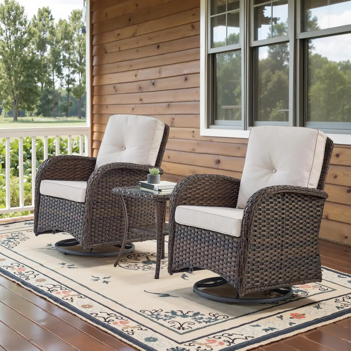 3 Pieces Black Wicker Patio Furniture Outdoor Swivel Rocker Patio Glider Chairs Set of 2 with Side Table Beige, Customized