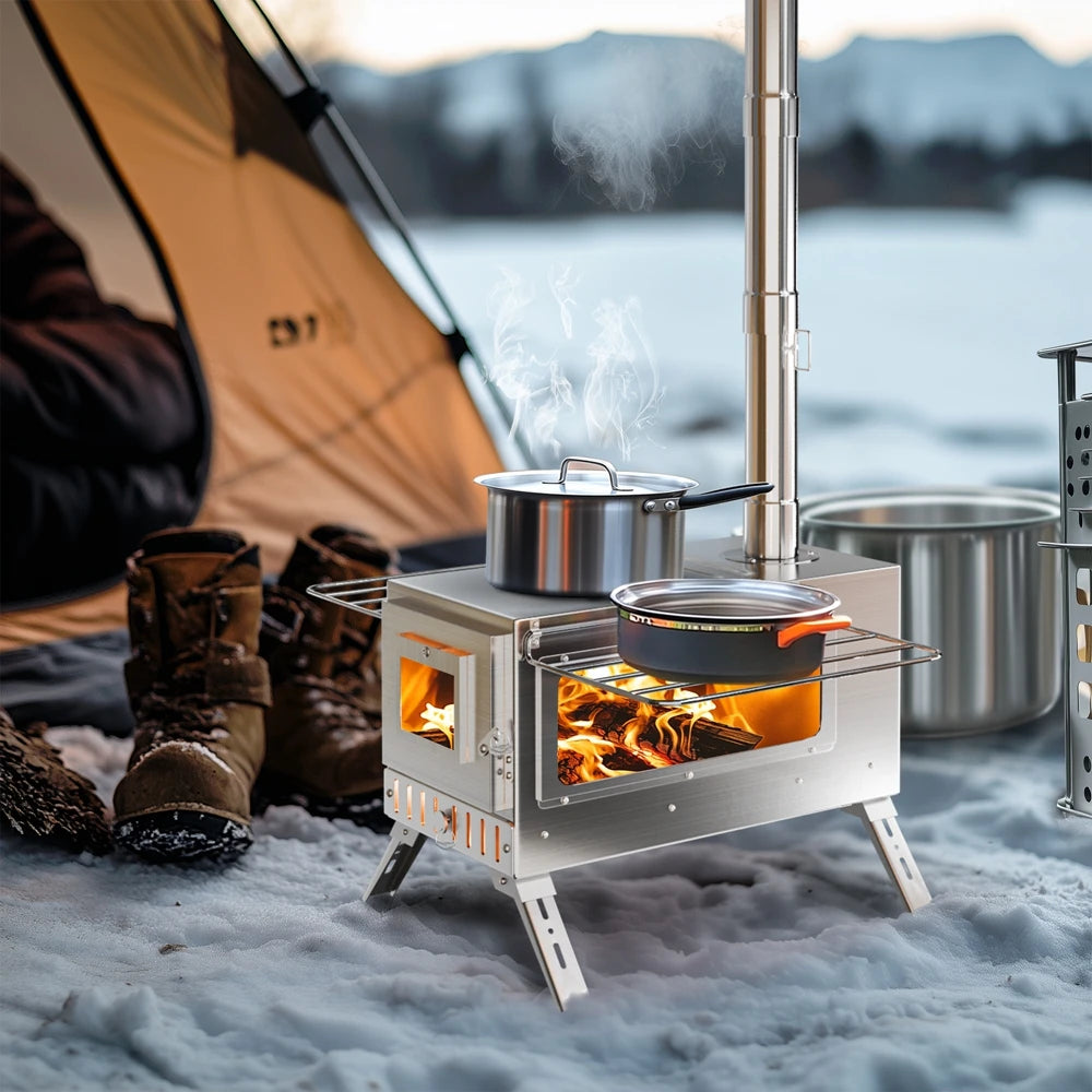 Portable Camping Wood Burning Stove Stainless Steel Tent Stove with 7 Chimney Pipes for Outdoor Camping, Heating