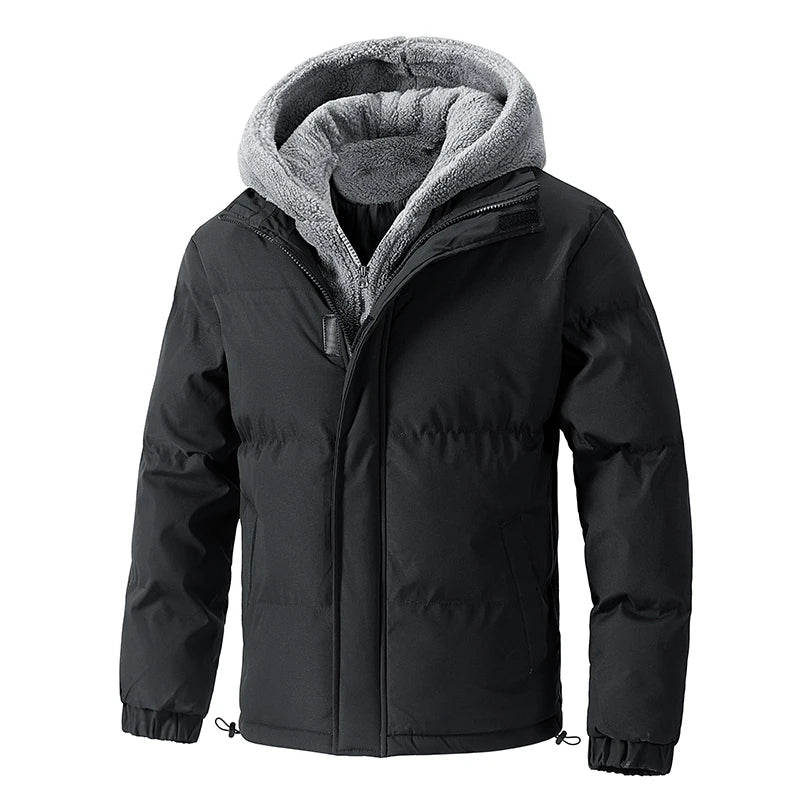 Winter Windproof Men's Jacket Casual Fake Two Hooded Bread Coat Detachable Hood Zipper Front Long Sleeves Pockets Overcoat
