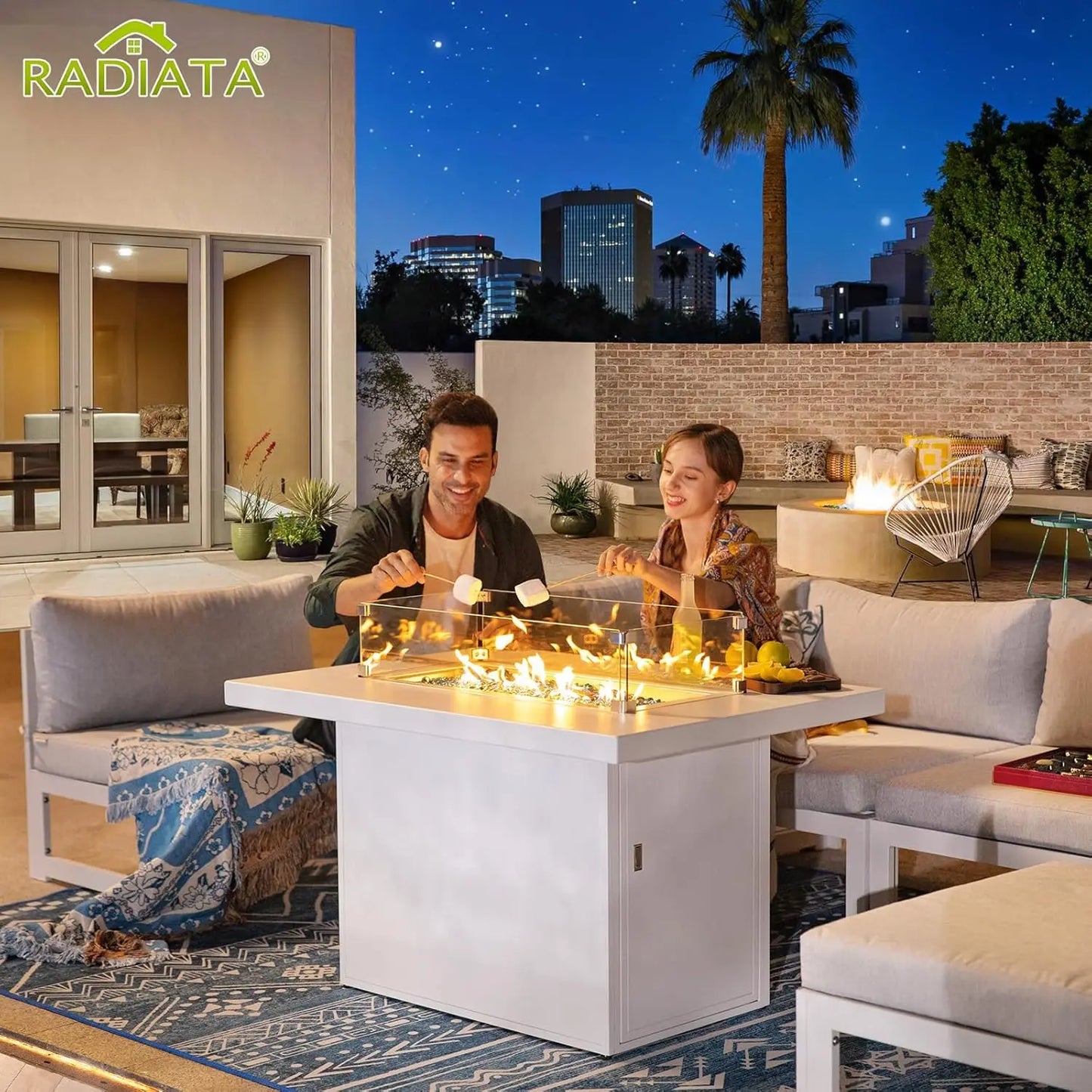 6 Person Large Modern Aluminum Outdoor Patio Furniture Set With Fireplace, 29" Wide Deep Seating, U Shaped Combo, Customized