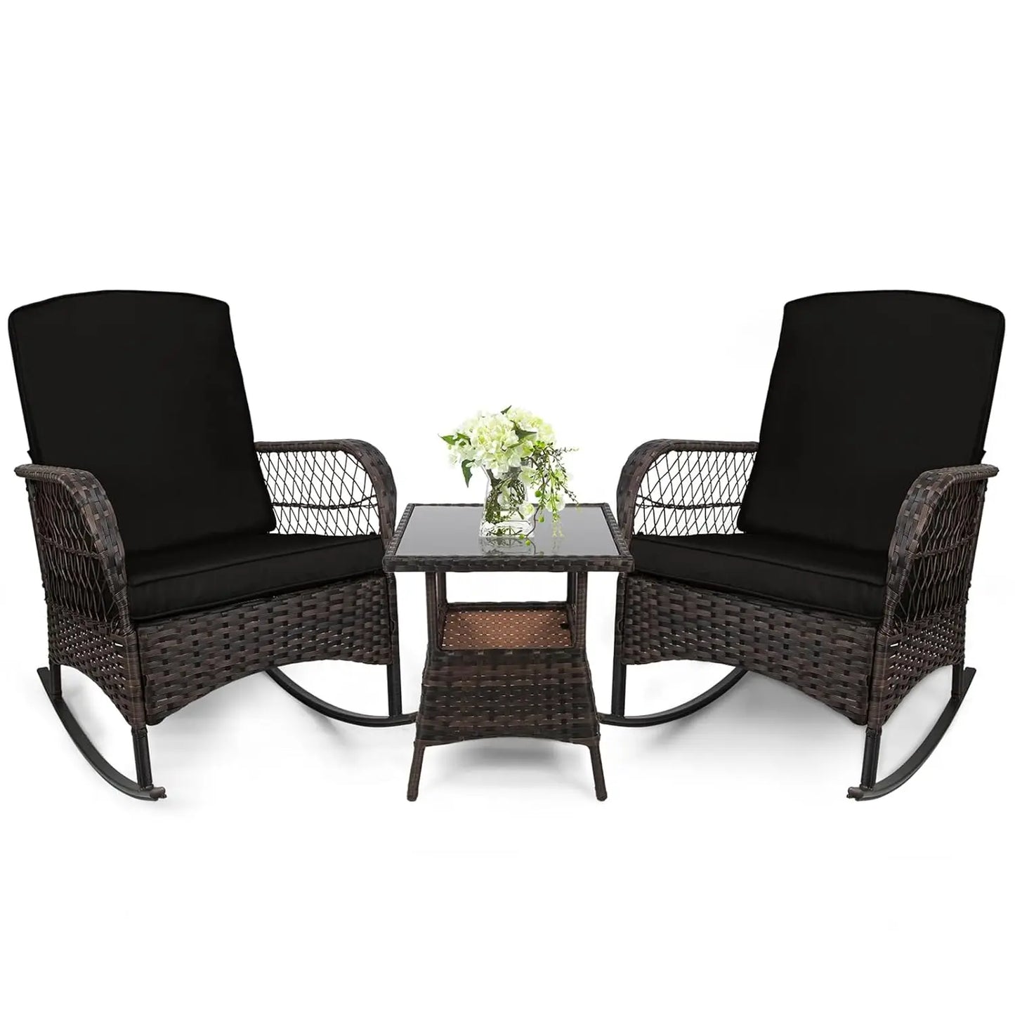 3 pcs Rocking Bistro Set Conversation Chairs PE Wicker Outdoor Rocking Chairs & Glass Table,for Porch Lawn Garden, Customized