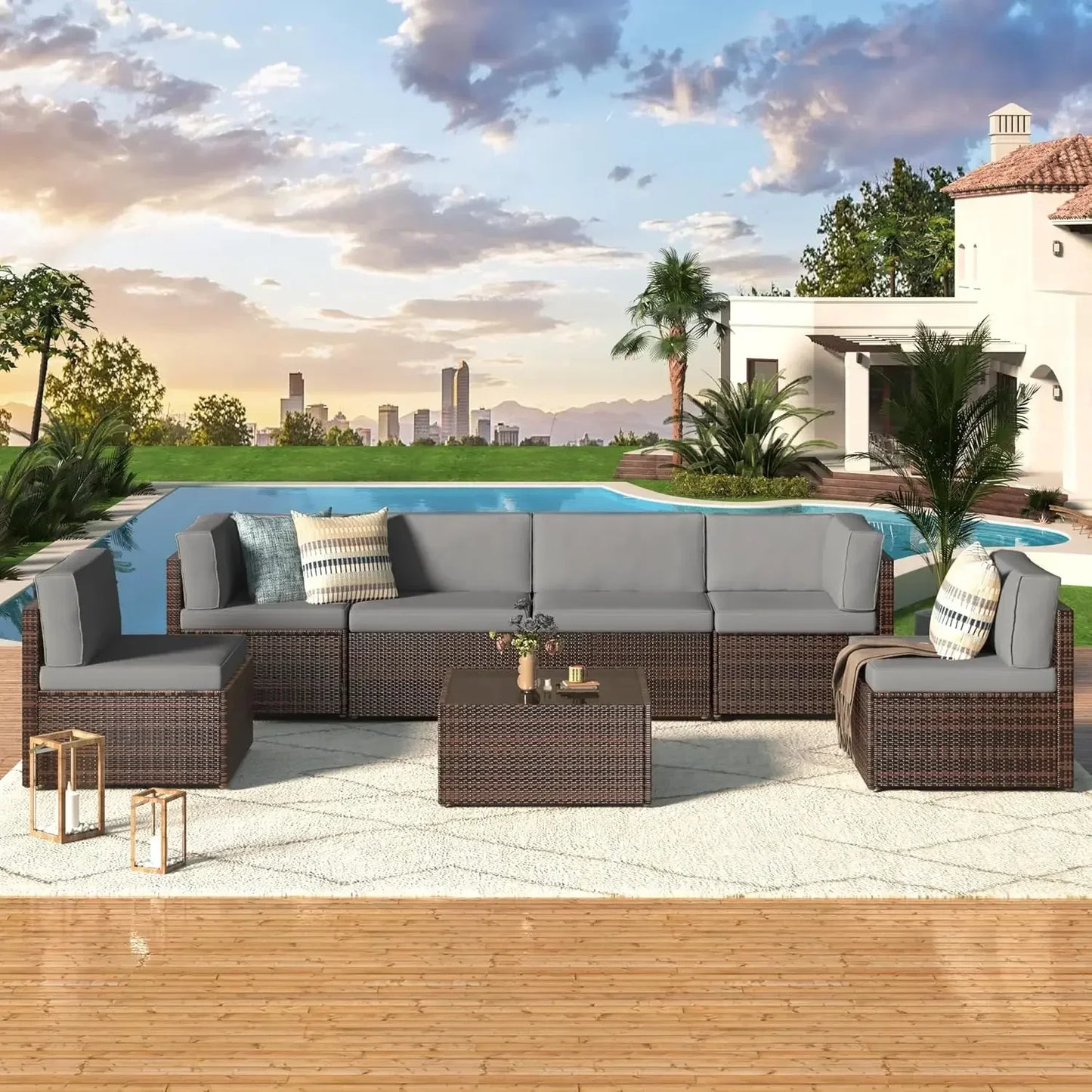 7 Piece Outdoor Patio Furniture Set, PE Rattan Outdoor Grey Wicker Furniture, Outdoor Sectional Furniture Chair Set with Cushion