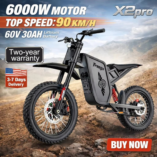 Freego X2 Pro Electric Motorcycle for Adults 6000W Motors 1800wh Lithium Battery 7 Speed 50MPH Off Road Ebike + 2 Year Warranty